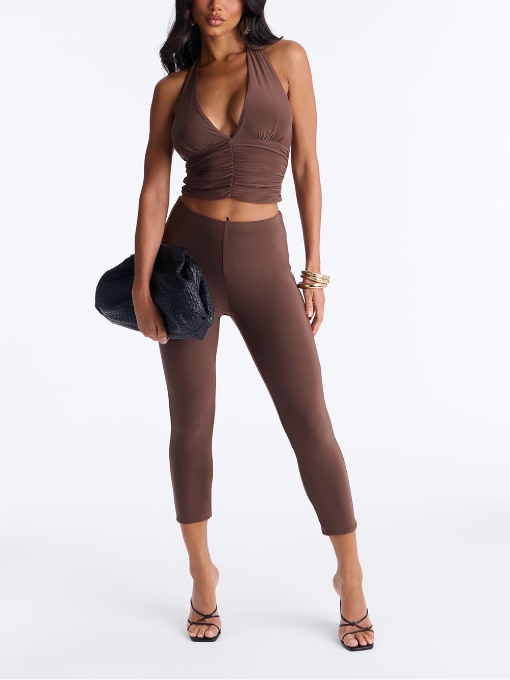 Cropped High-Rise Brown Stretch Ankle Pants Set